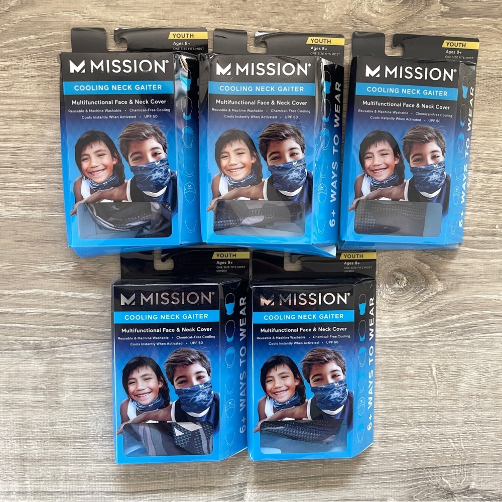 Lot of 5 - Mission Cooling Neck Gaiter Youth 8+ OS - Sports / Fishing Face Cover